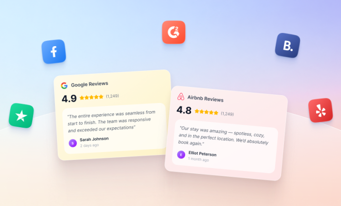 Jform 웹사이트 위젯으로 Google, Yelp, Airbnb 등의 리뷰를 수집하고 표시하세요