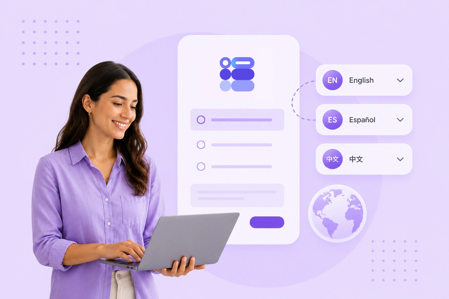 Woman holding a laptop beside a multilingual online form interface with English, Spanish, and Chinese language options on a purple background.